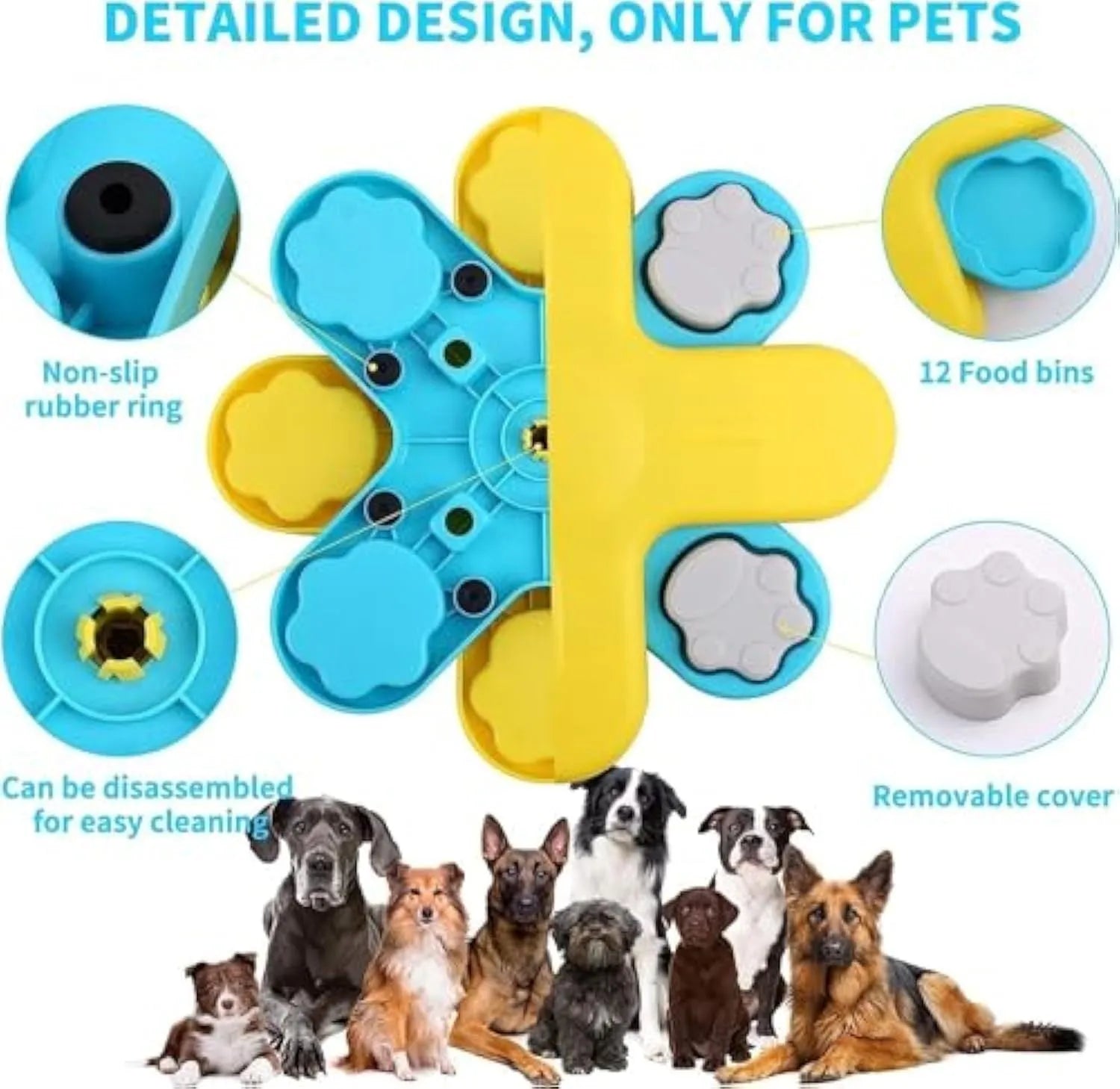 Yellow dog puzzle feeder bowl with three rotating layers and anti-slip rubber base