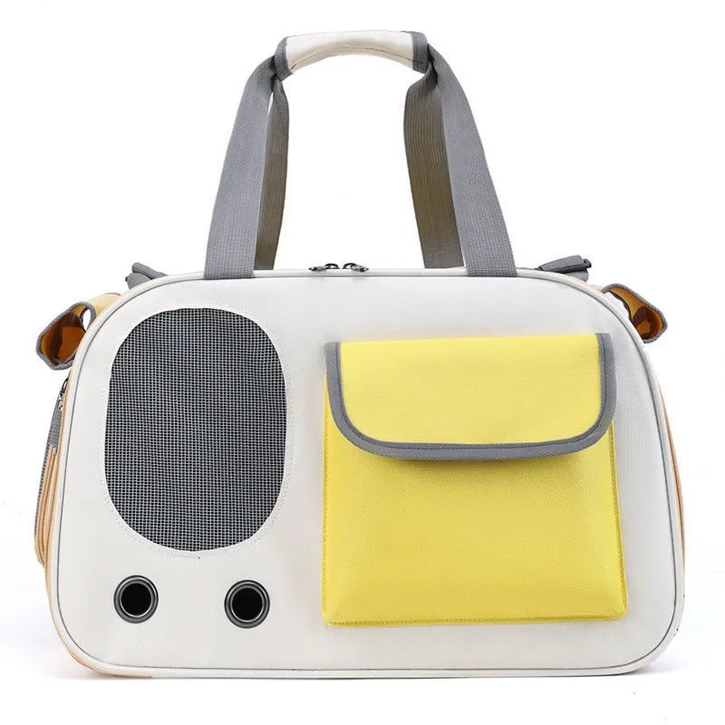 Foldable single shoulder pet carrier bag in canvas material showing large capacity design