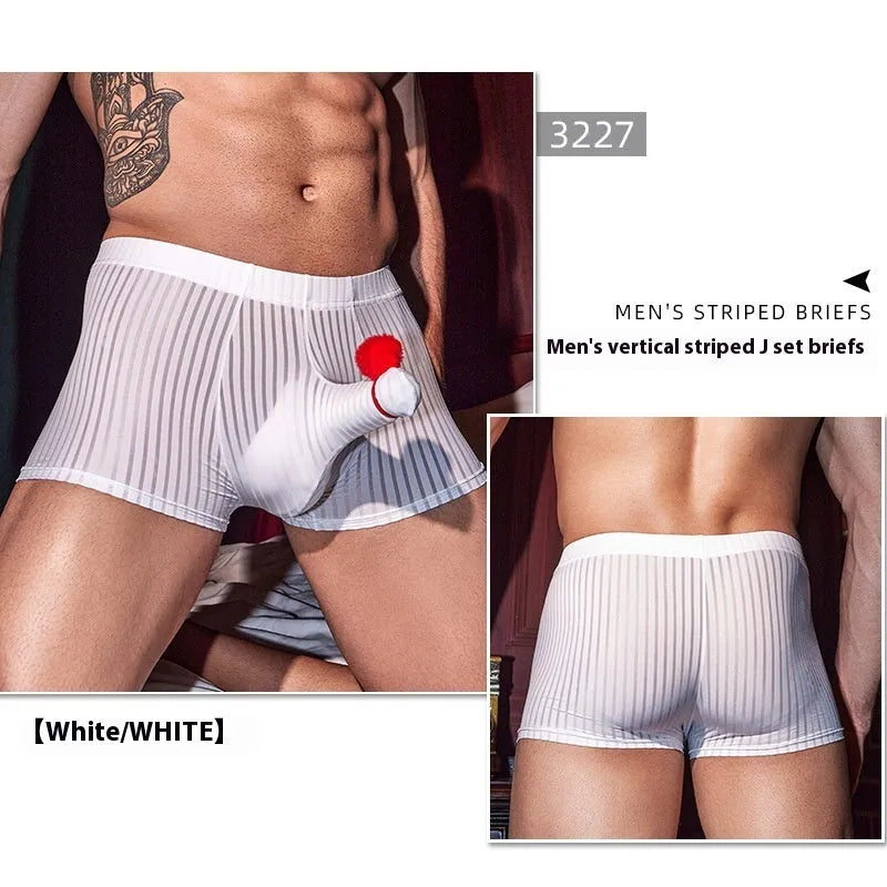 Men's striped boxer briefs in black, white and dark grey nylon with high elastic free size fit