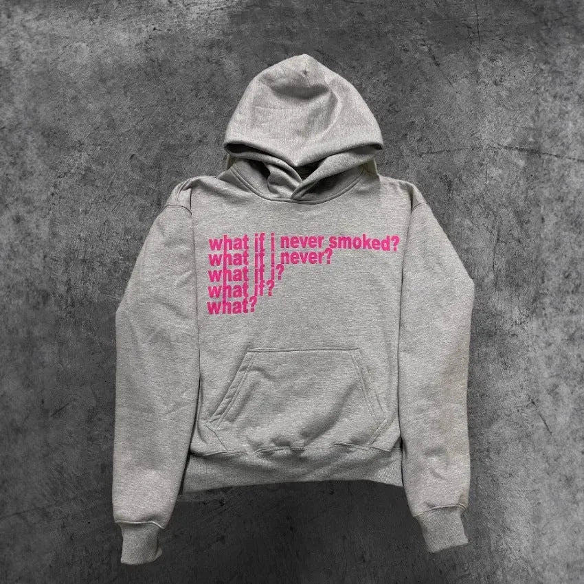 Black heavyweight hooded sweater with a graphic letter print on the front.