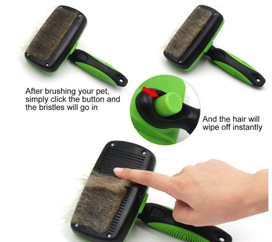Pet self-cleaning slicker brush with stainless steel needles and TPR handle, green colour