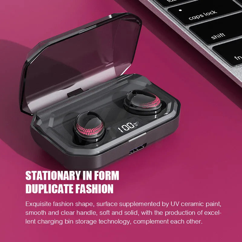 Black X10 Bluetooth wireless earbuds with charging case showing 8-hour call time specification