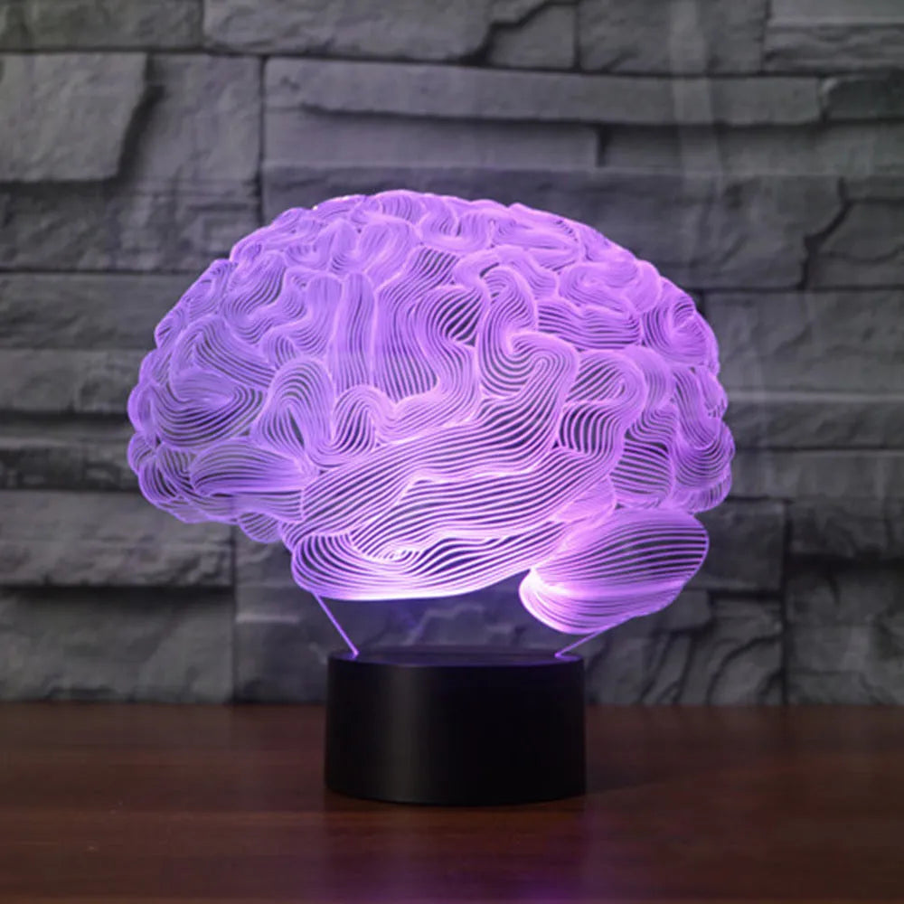 Brain-shaped 3D acrylic LED desk lamp with colour-changing lights on square black ABS base