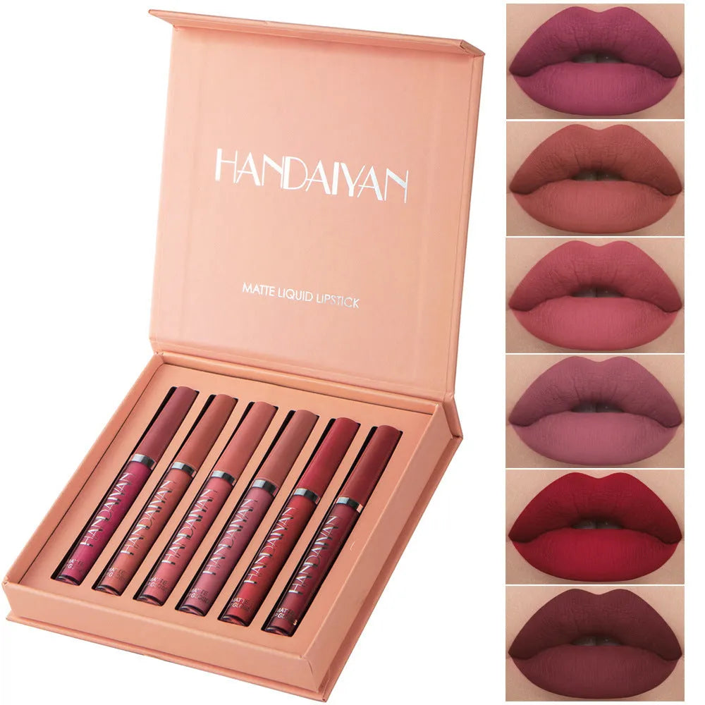 HANDAIYAN non-sticky matte liquid lipstick set gift box with six assorted shades and high-shine gloss