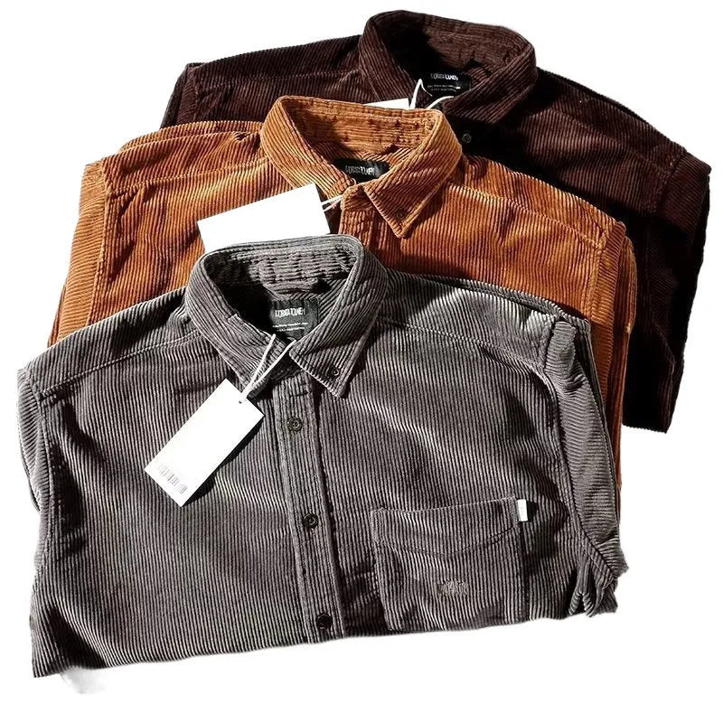 Japanese Hong Kong style loose fit corduroy shirt in caramel colour with cardigan design