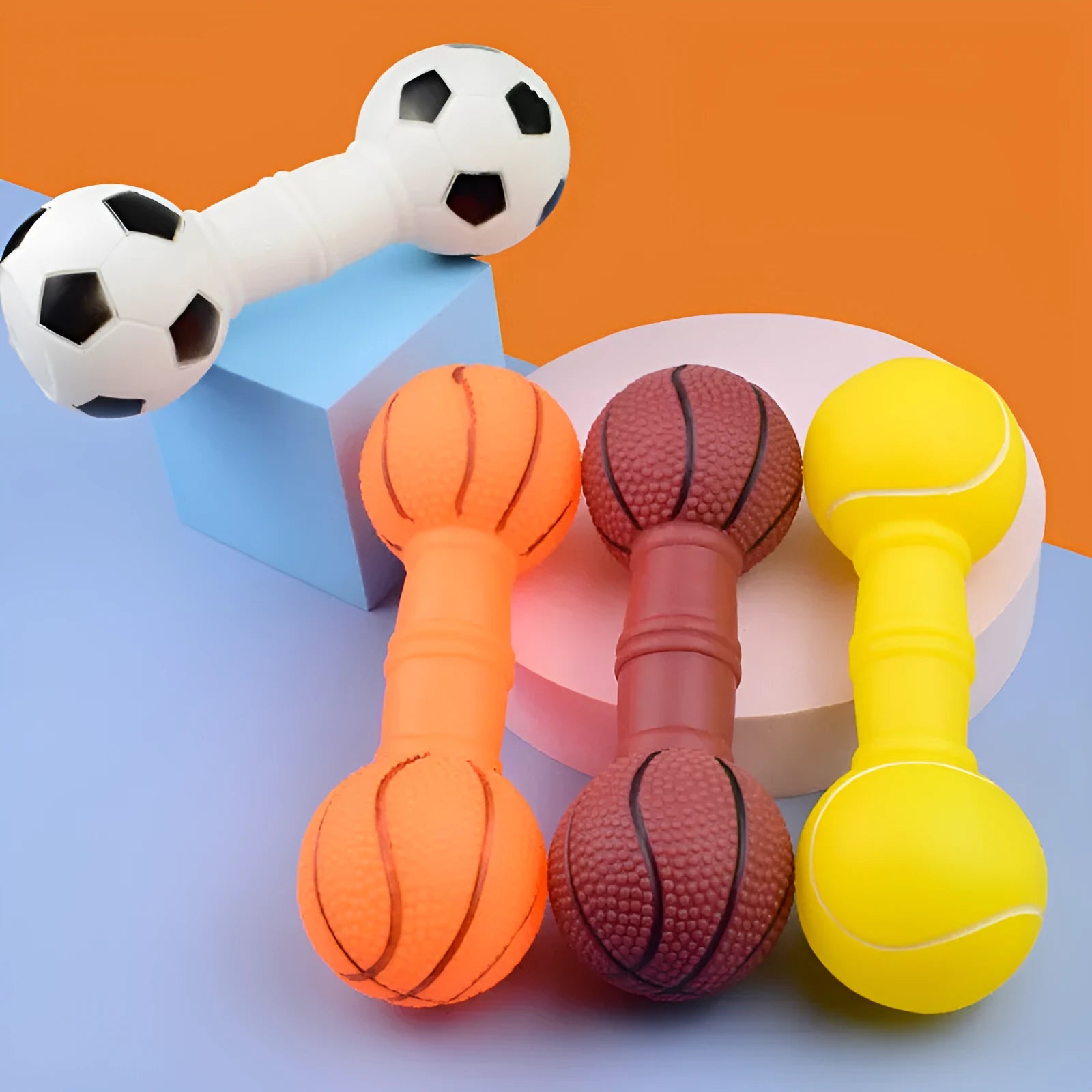 Football dumbbell shaped dog chew toy with squeaker in brown, orange, white, and yellow colour options.