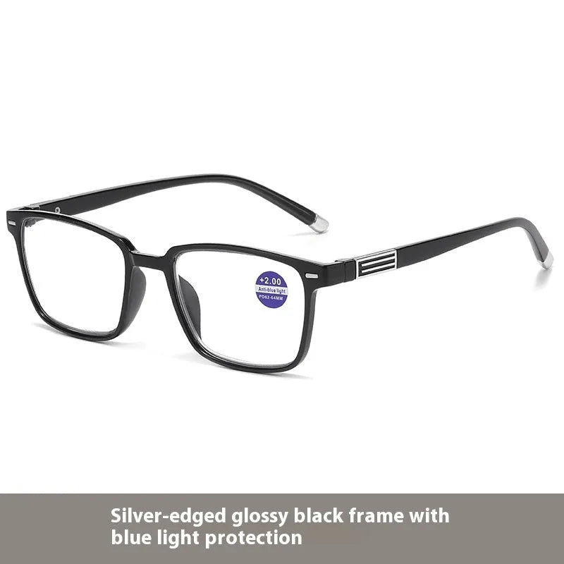 Multifocal reading glasses with anti-blue-light and colour-changing lenses in a black and silver frame.