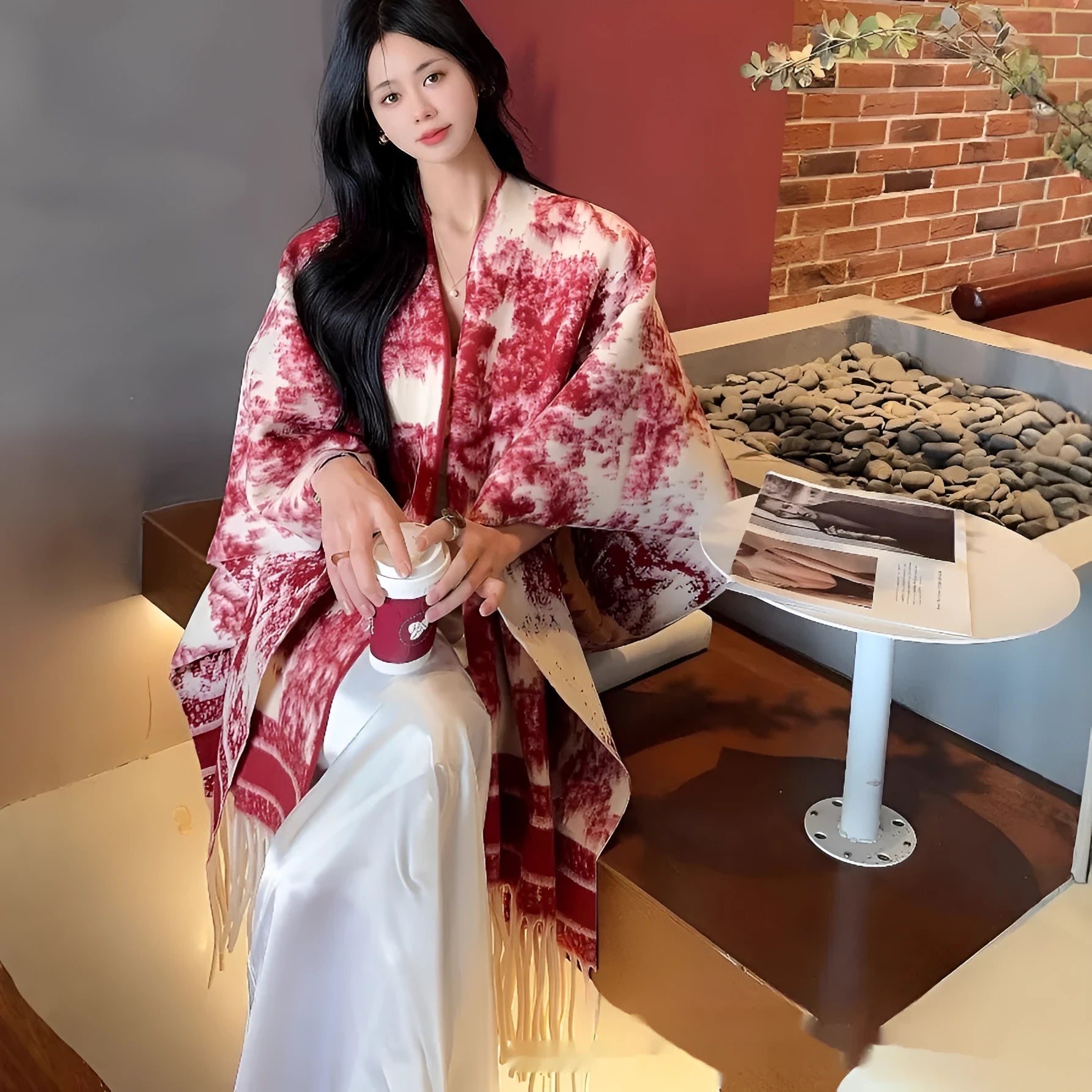Women's casual polyester scarf cape with tassels worn as a shawl.