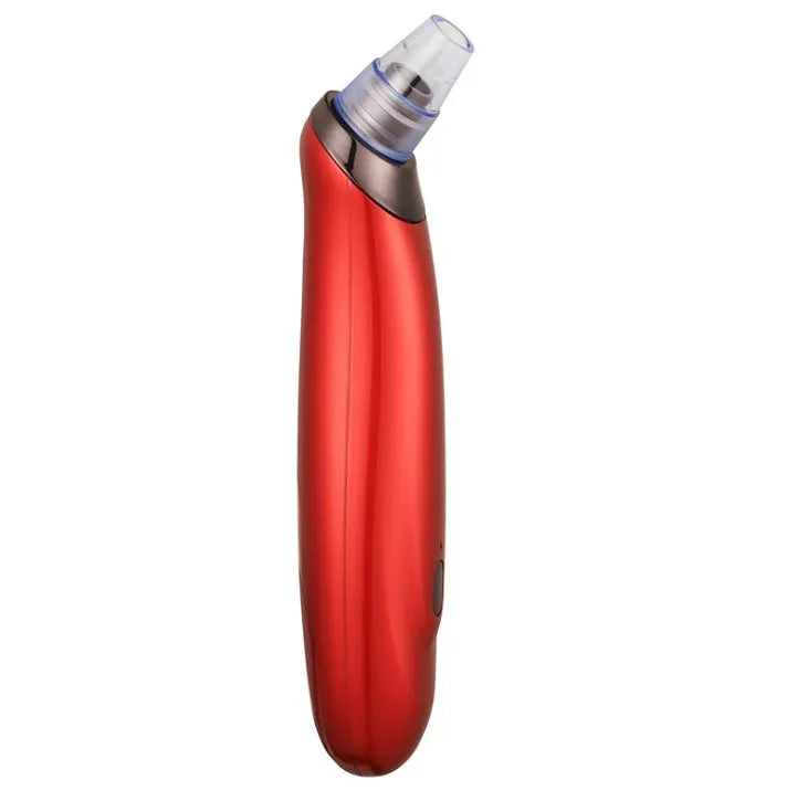 Electric blackhead remover pore cleaner in black with interchangeable nozzle heads and compact design