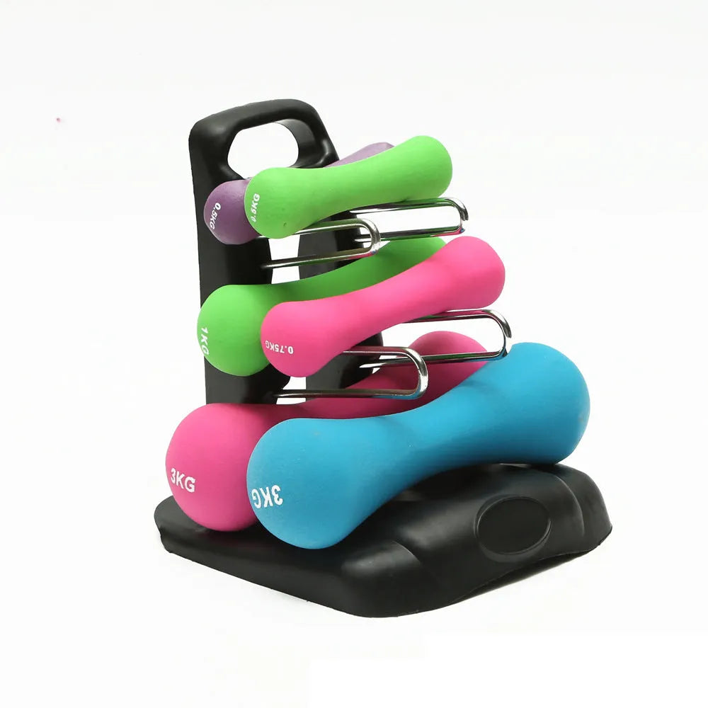 PVC fitness dumbbell rack holder stand for home gym storage with dumbbells placed on it.