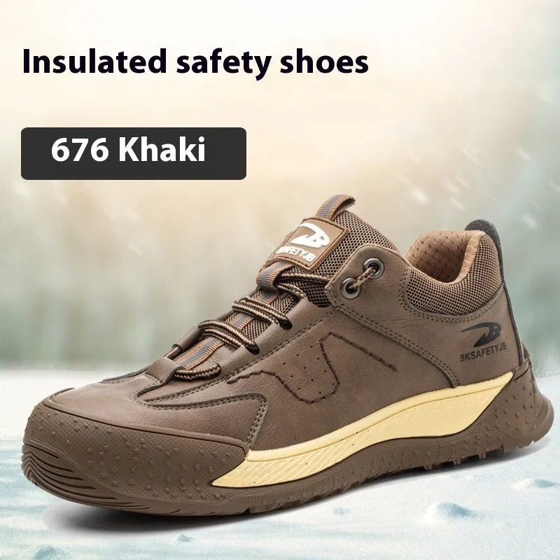 Men's leather work shoes with rubber sole in black colour showing front and side views