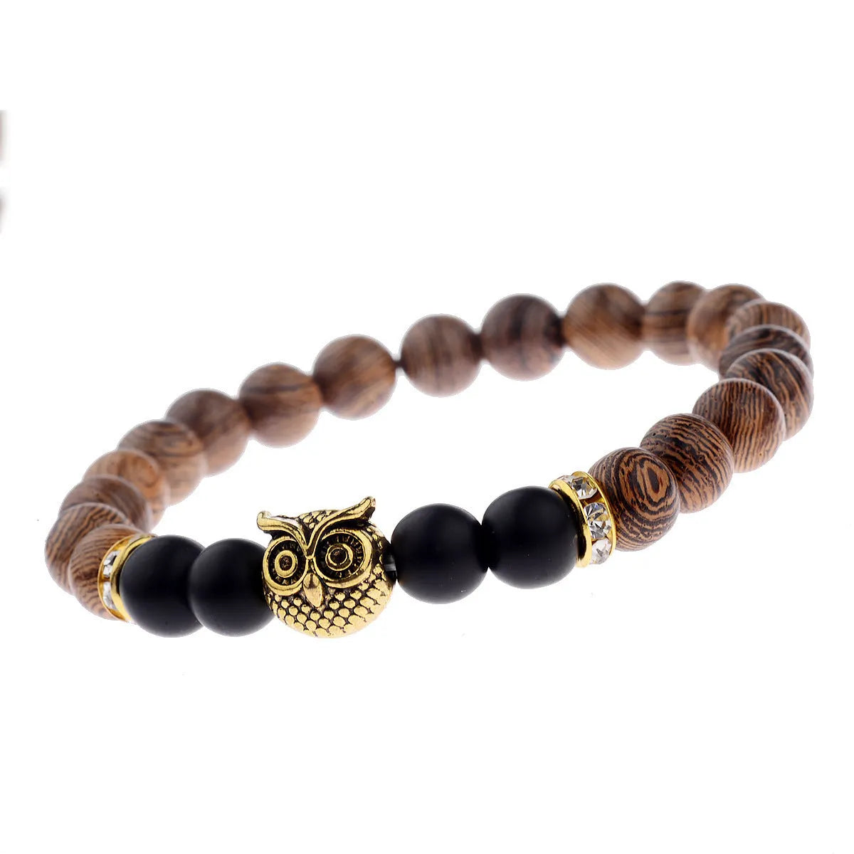 Owl frosted stone lifeline wood grain bracelet with wood beads alloy stone in black and gold colour options
