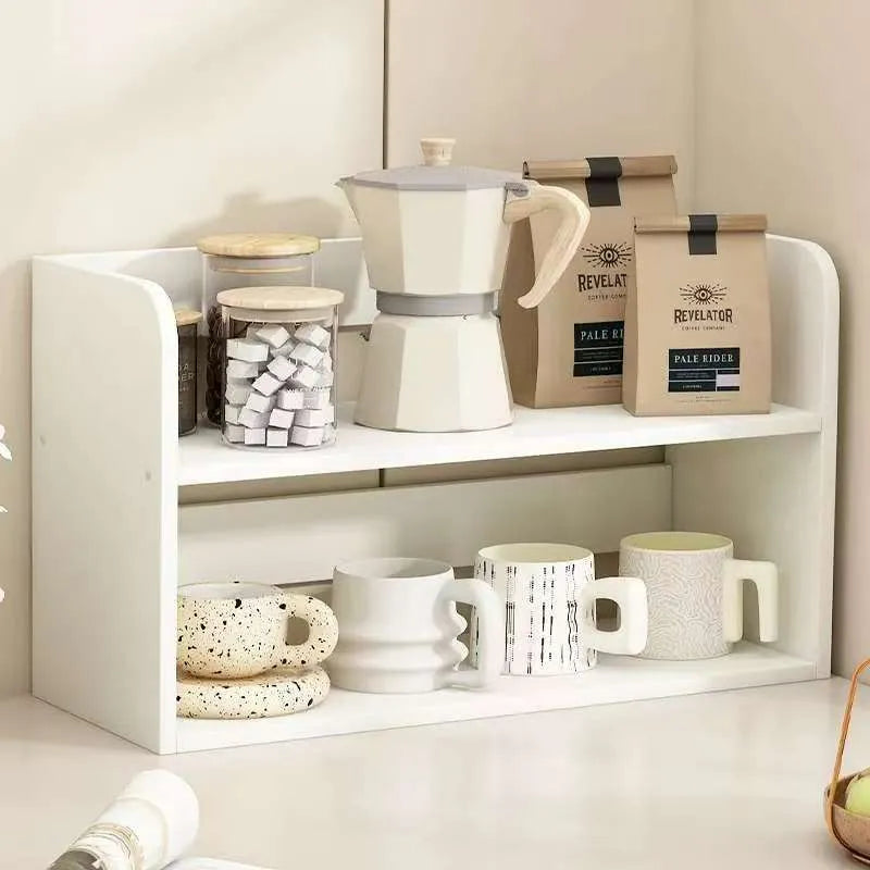 Desktop layered storage shelf with PVC expansion sheet construction, two-layer rounded design, on a wooden table
