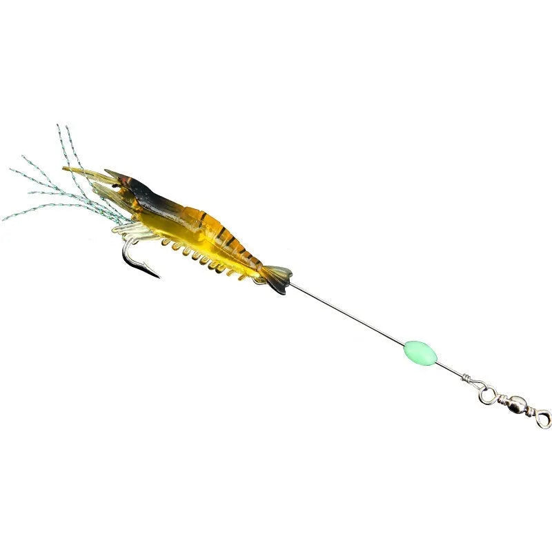 Luer soft fishing lure with metal hook in assorted colours including luminous pink and black head yellow body.
