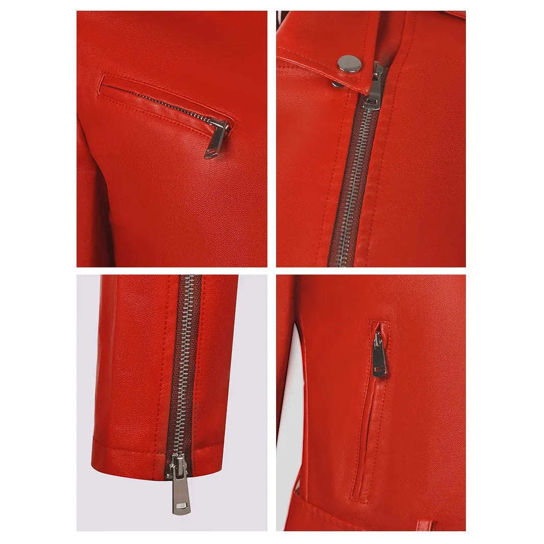 Red women's PU leather motorcycle jacket featuring a short belt on the lapel.
