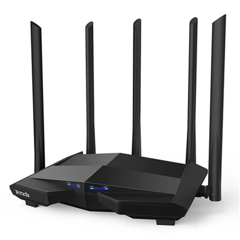 Black AC11 wireless router with four gigabit ports, shown with dimensions 220x141.5x49mm