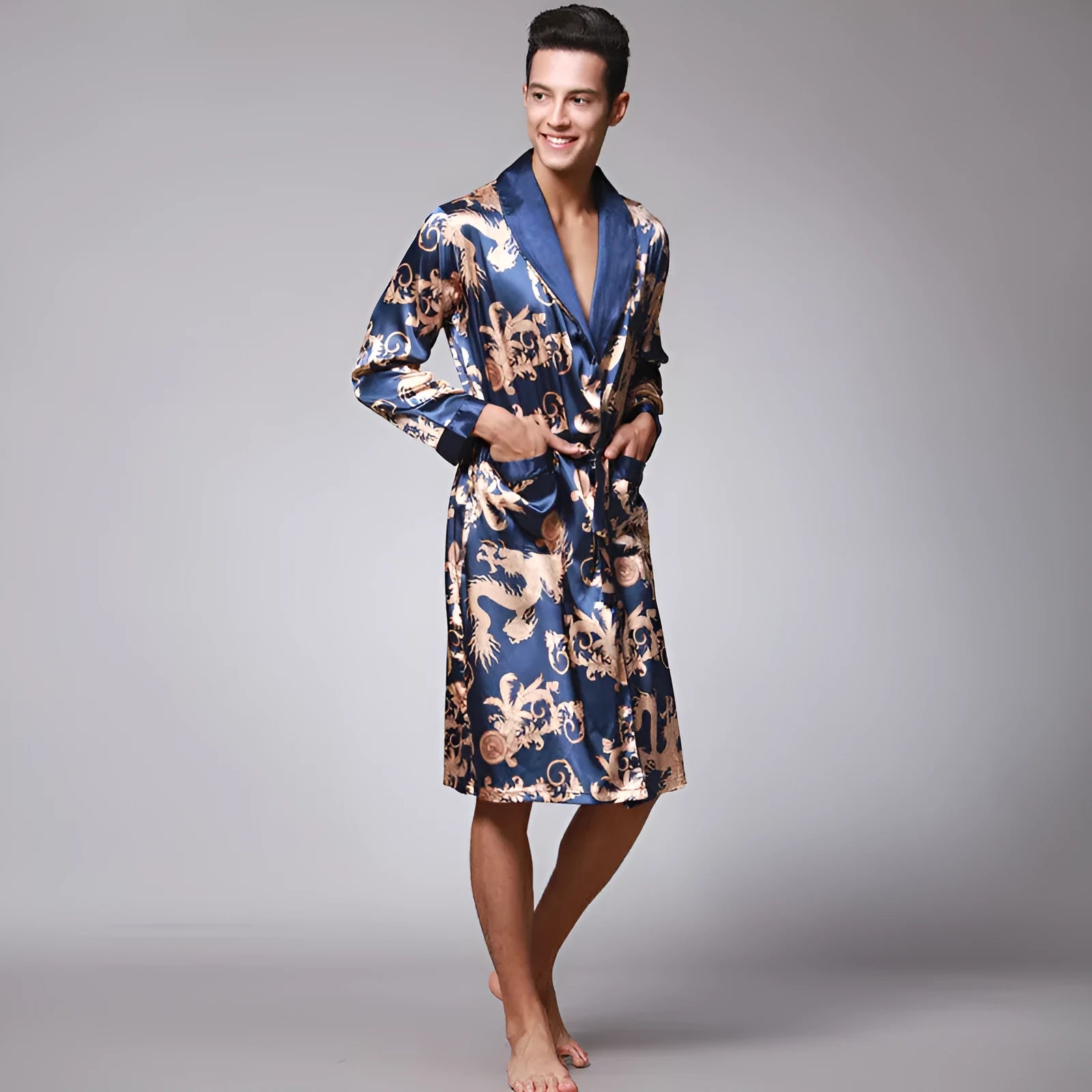 Men silk robe in wine red with V-neck and long sleeves, satin fabric with 95% modal, available in sizes L to 3XL