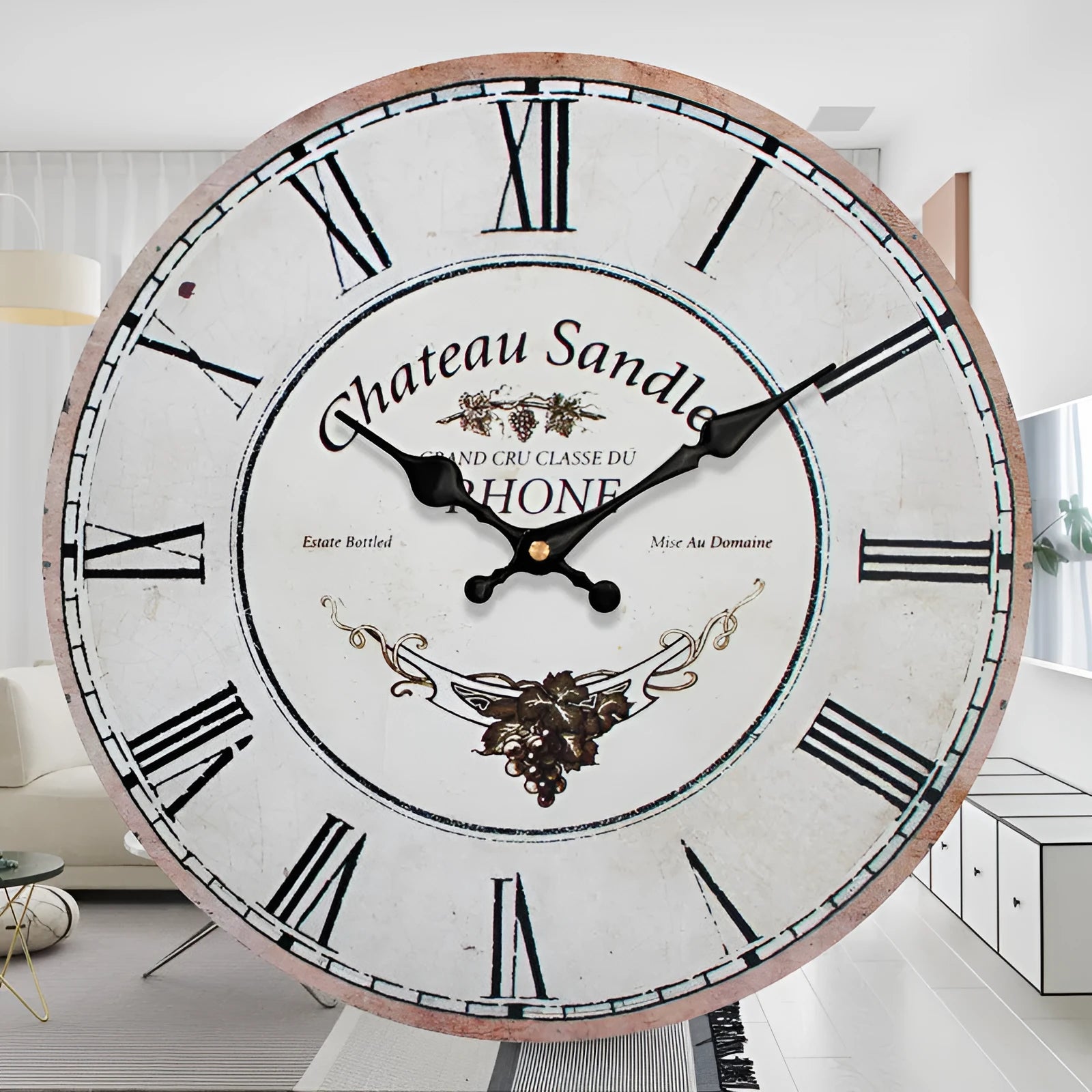 Vintage digital wall clock with silent sweep movement, 14 inch diameter, EO grade MDF face, showing black frame and white dial with Roman numerals.