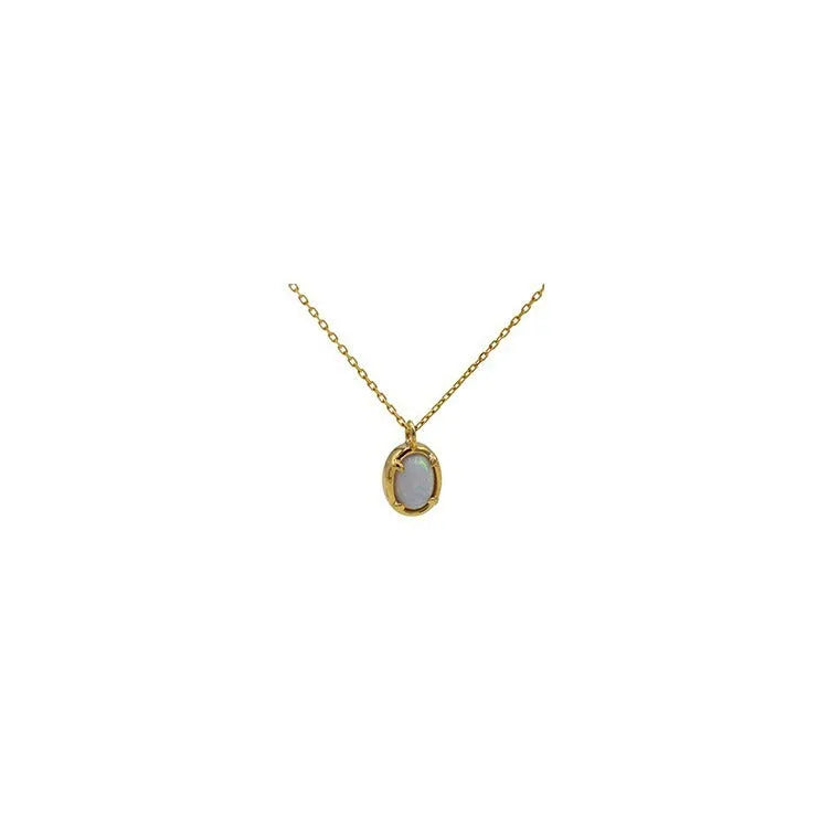 Geometric oval jelly opal pendant necklace in S925 silver with gold or white gold plating.