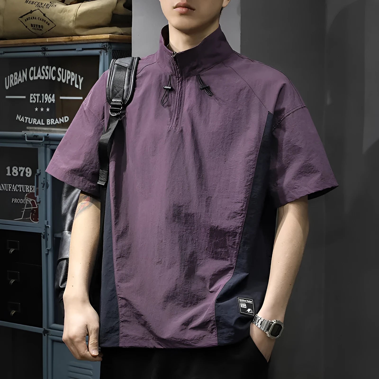Brown men's half-zip stand collar casual shirt made from Ice Silk fabric, showing the front zip and short sleeves.