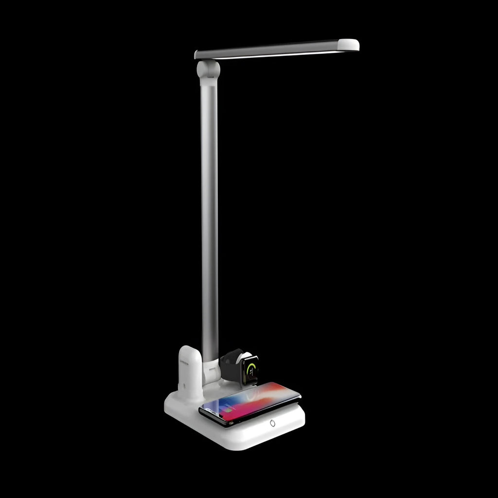 X-1 4-in-1 multi-function LED desk lamp in black or white with wireless charging pad.