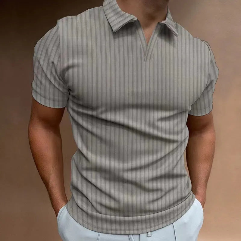 Men's striped V-neck polo shirt in light fabric for summer sports, shown in multiple colour options.