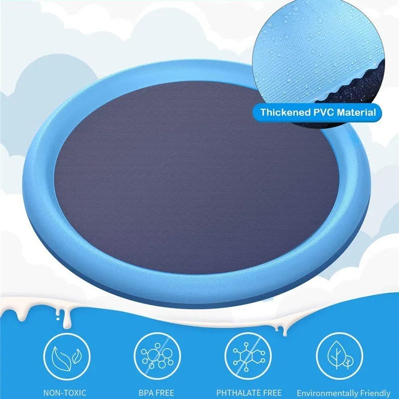 Blue non-slip PVC splash pad for kids and pets, 150cm, on a grassy lawn