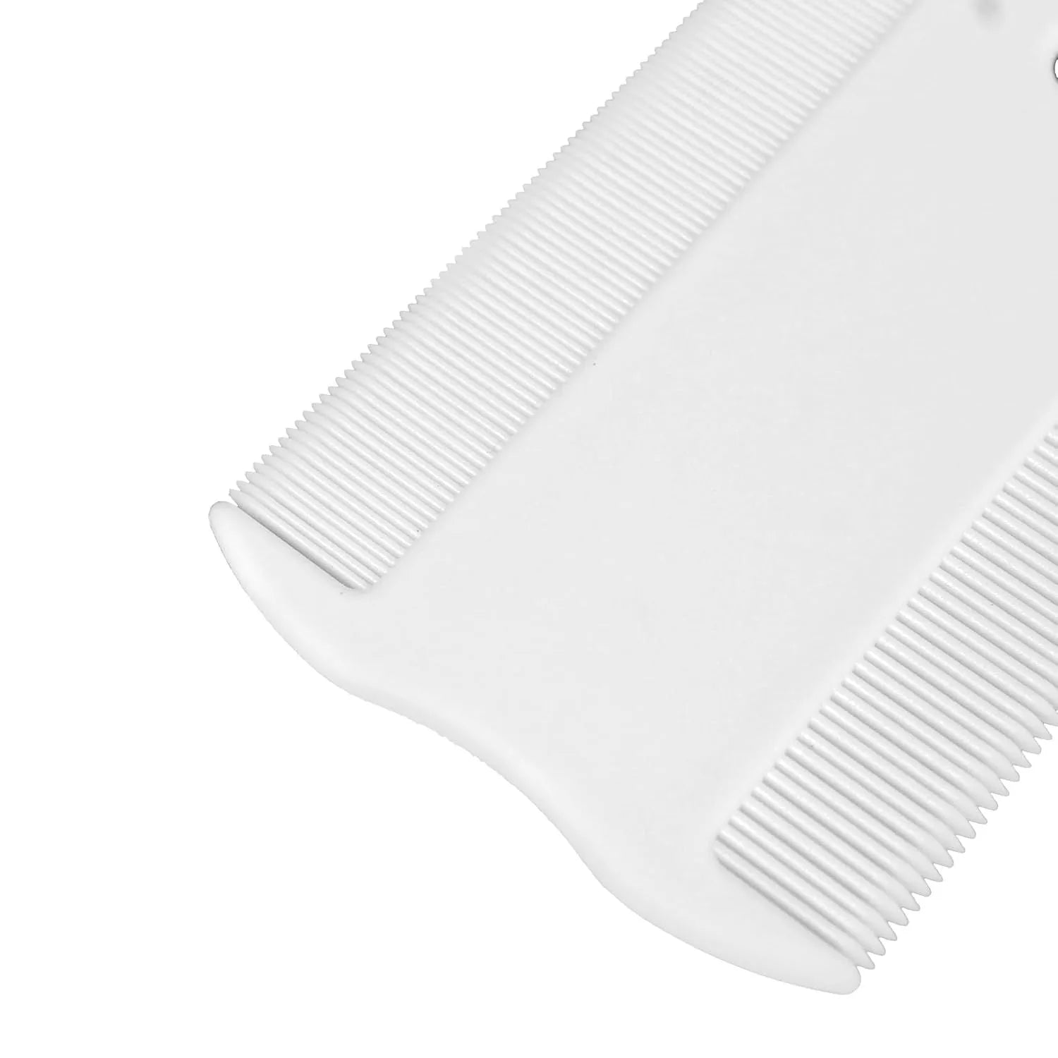 A double-sided plastic flea comb for pets with dense teeth, shown with its dimensions of 0.85 cm by 5 cm.