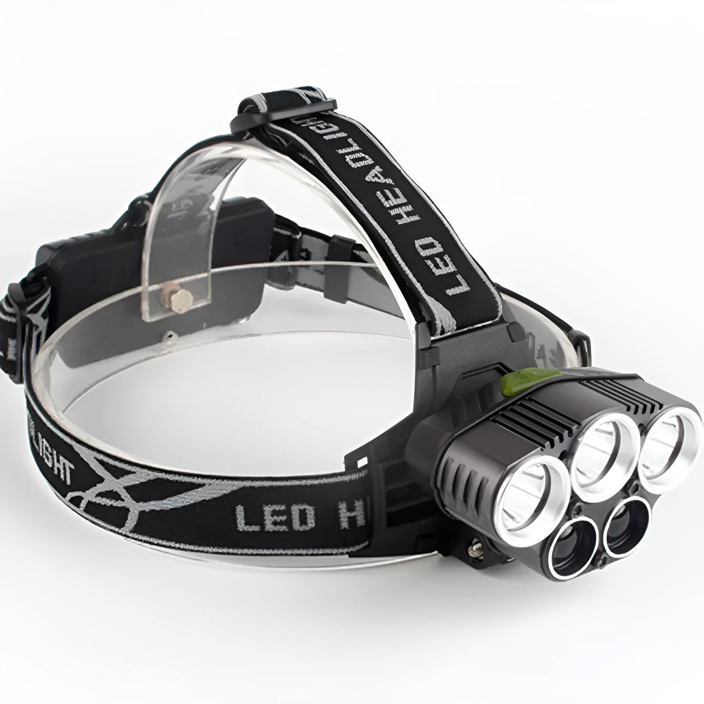 Head-mounted LED torch with long-range beam for outdoor camping and hiking activities.