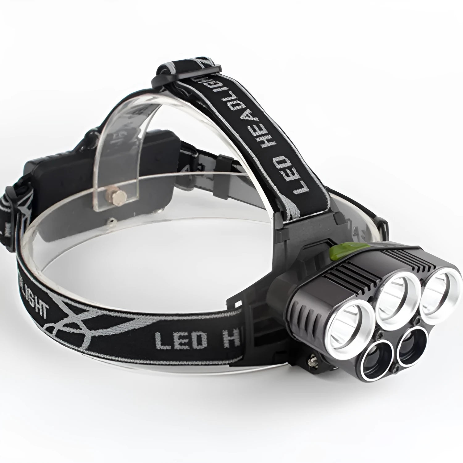 Head-mounted LED torch with long-range beam for outdoor camping and hiking activities.