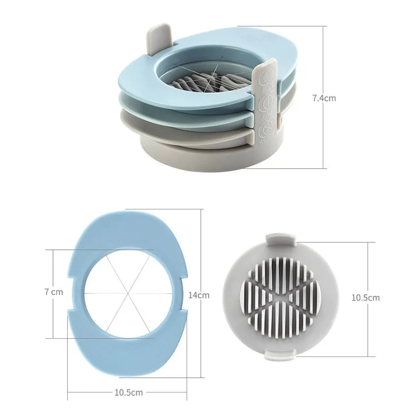Manual egg cutter three-in-one with stackable parts, PS body, SS304 blades, available in blue, orange, red