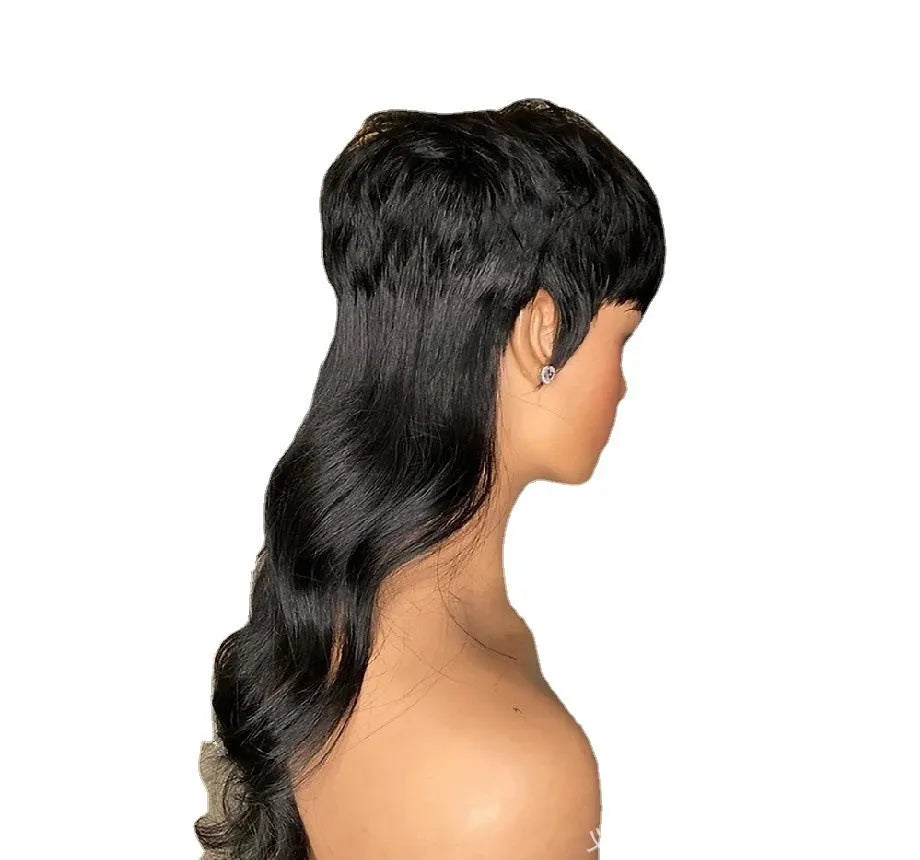 T7262 Black Brazilian synthetic wig with bangs and long hair, front short back long style.