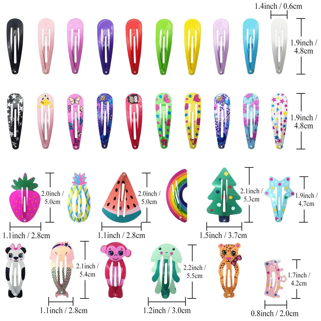 100 piece assortment of colourful metal snap hair clips with cartoon designs including animals, fruits, crowns, and stars.