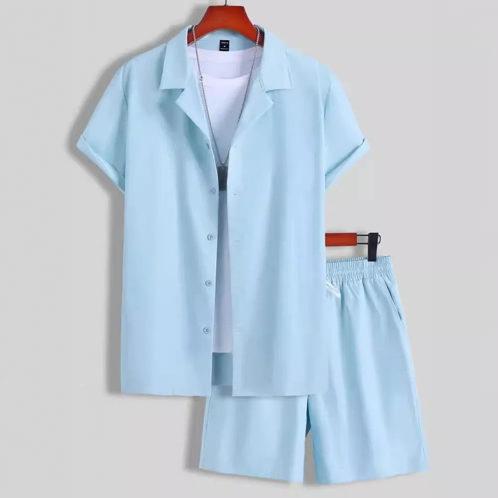 Men's Cuban collar sport suit with short sleeve top and matching shorts in lightweight polyester fabric