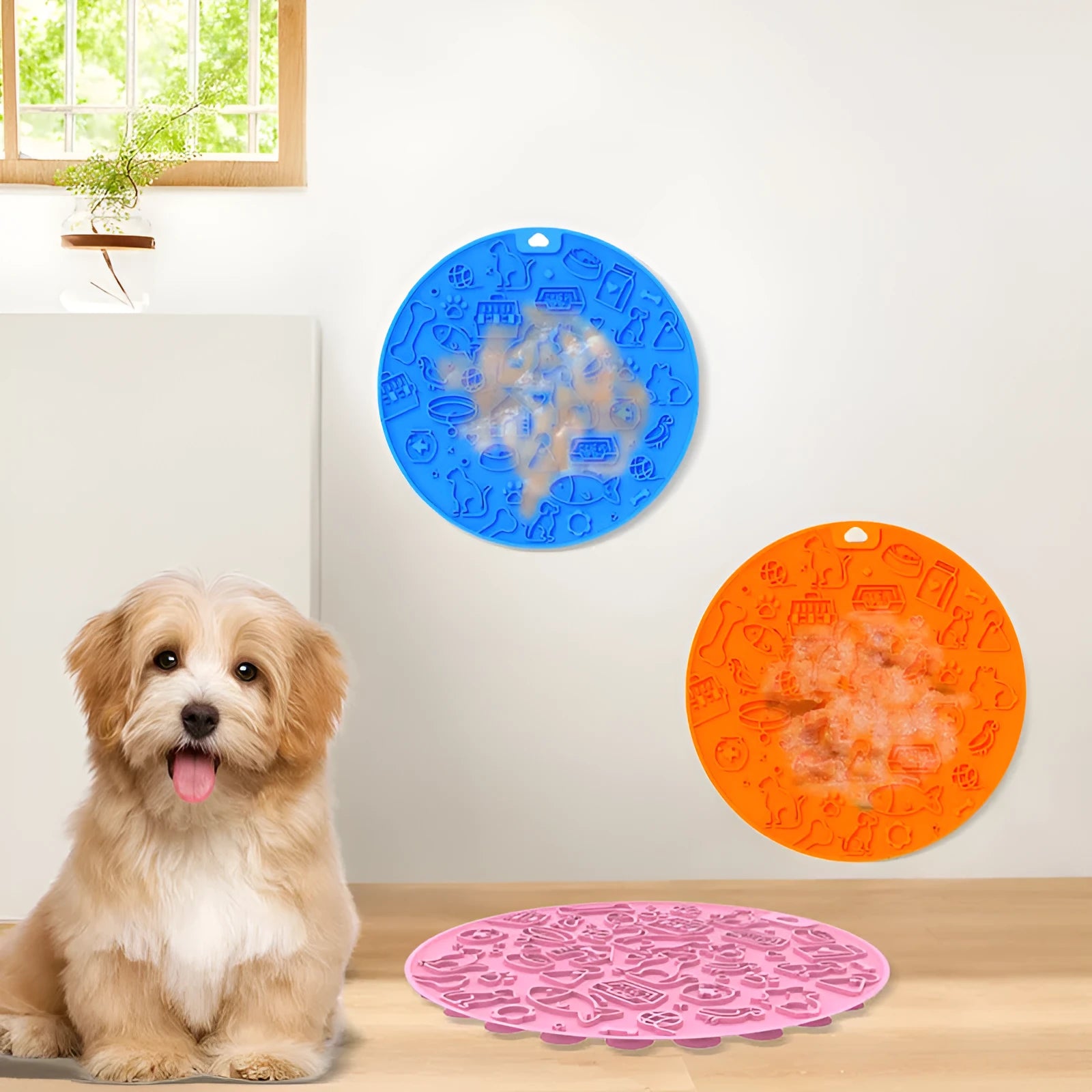 Round silicone pet licking mat with suction cup, shown in blue colour.