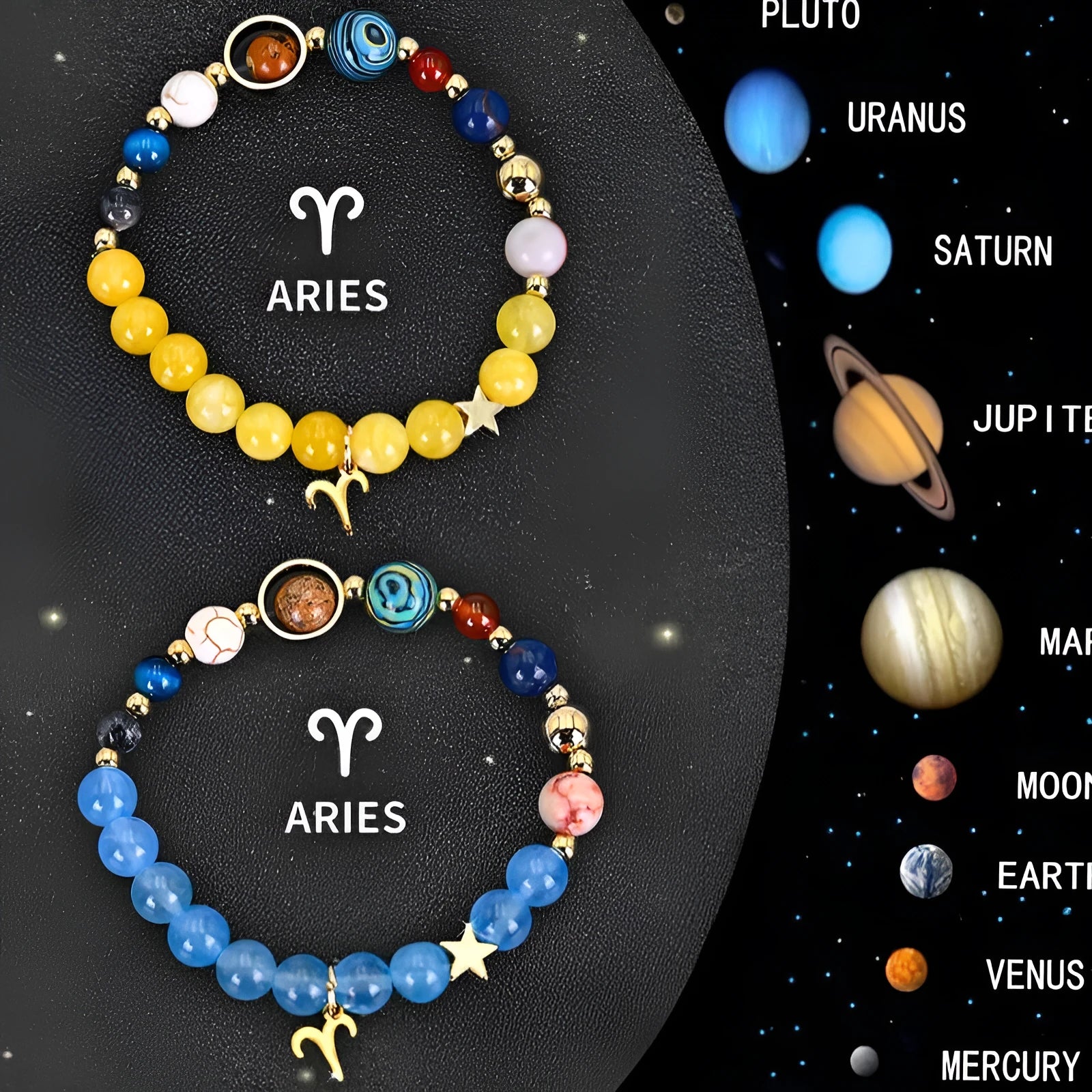 Two natural stone beaded bracelets with zodiac sign charms on a wooden surface