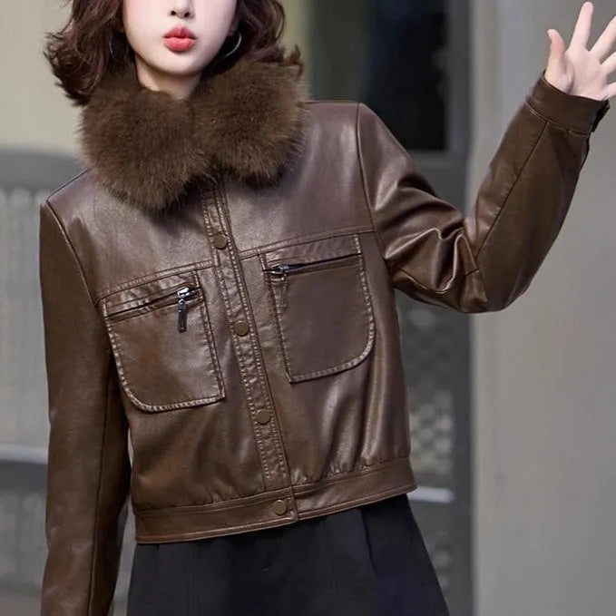 Women's fleece-lined thickened PU leather Western style short lapel coat in black with conventional sleeves