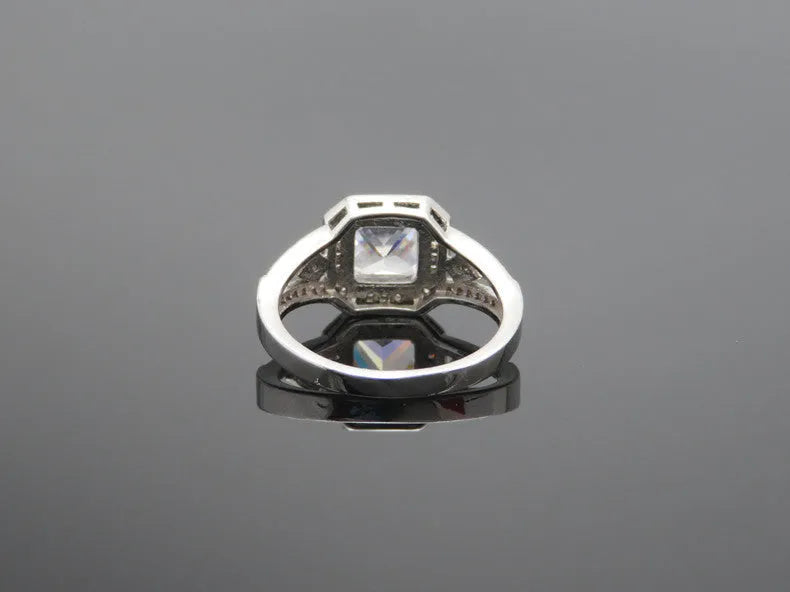 Women's geometric zircon ring with hollow quadrilateral design and platinum colour finish