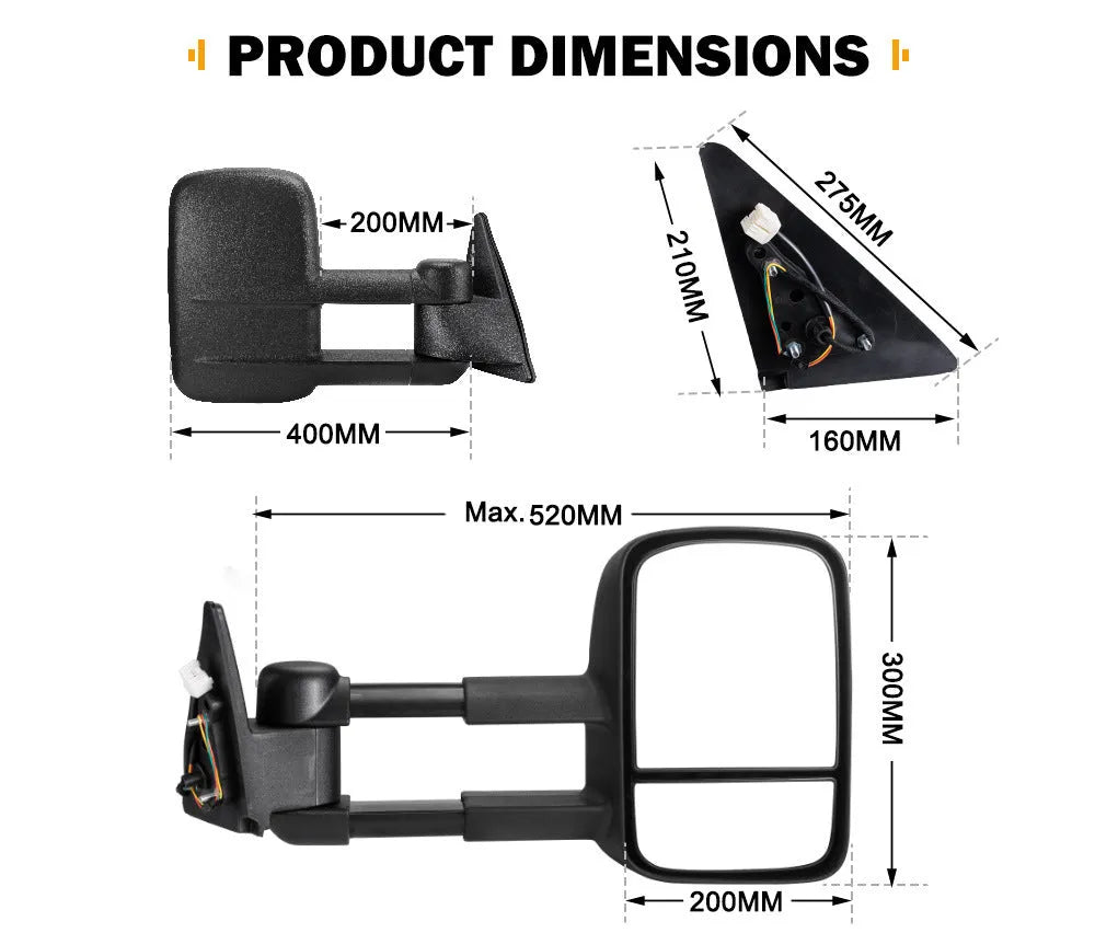 Black foldable rearview mirrors for Toyota Land Cruiser 100 Series 1998-2007 replacement