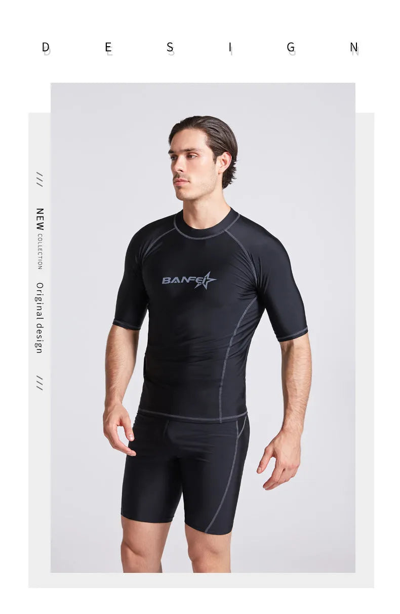 Men's navy blue quick-dry nylon swimsuit set with half sleeves and long swim pants