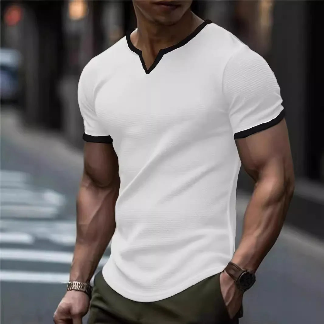 Colour-block V-neck outdoor sports waffle t-shirt in army green, polyester short-sleeve top