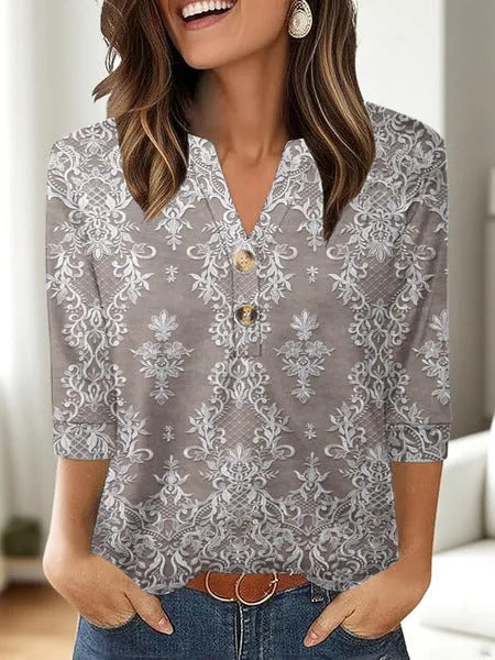 Women's casual V-neck top with 3D printed pattern in loose Japanese Korean style