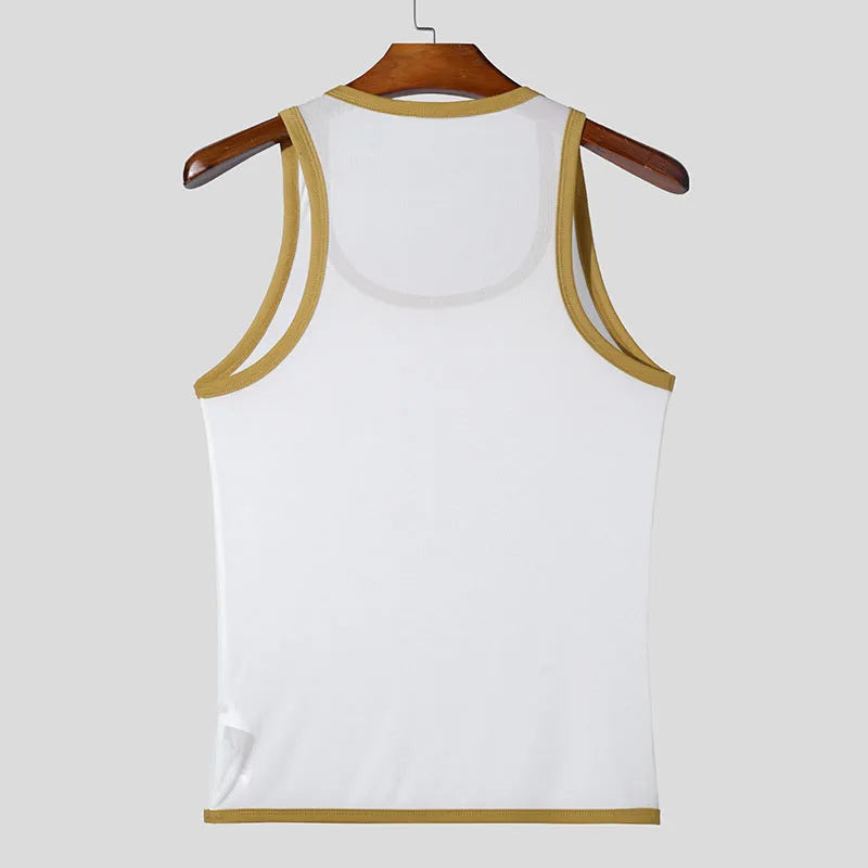 Men's black polyester mesh sleeveless fitness vest on a white background