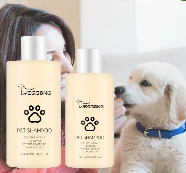 A bottle of mild pet shampoo for dogs and cats, available in 100ml and 300ml sizes.