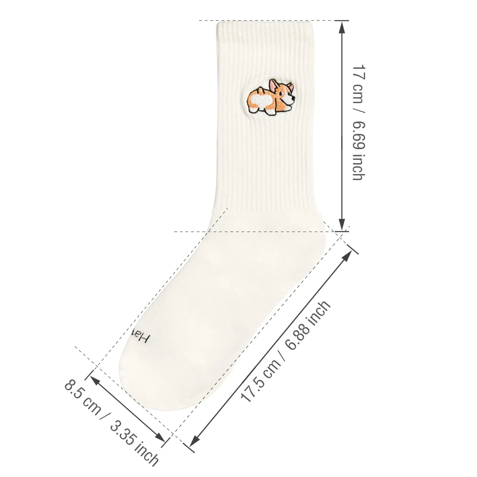 White cotton tube socks with printed Corgi dog pattern on a white background