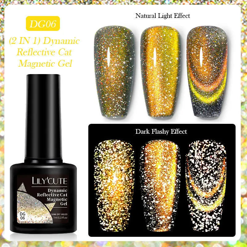 Cat eye series gel nail polish bottles showing six colour variations with diamond glitter fragments
