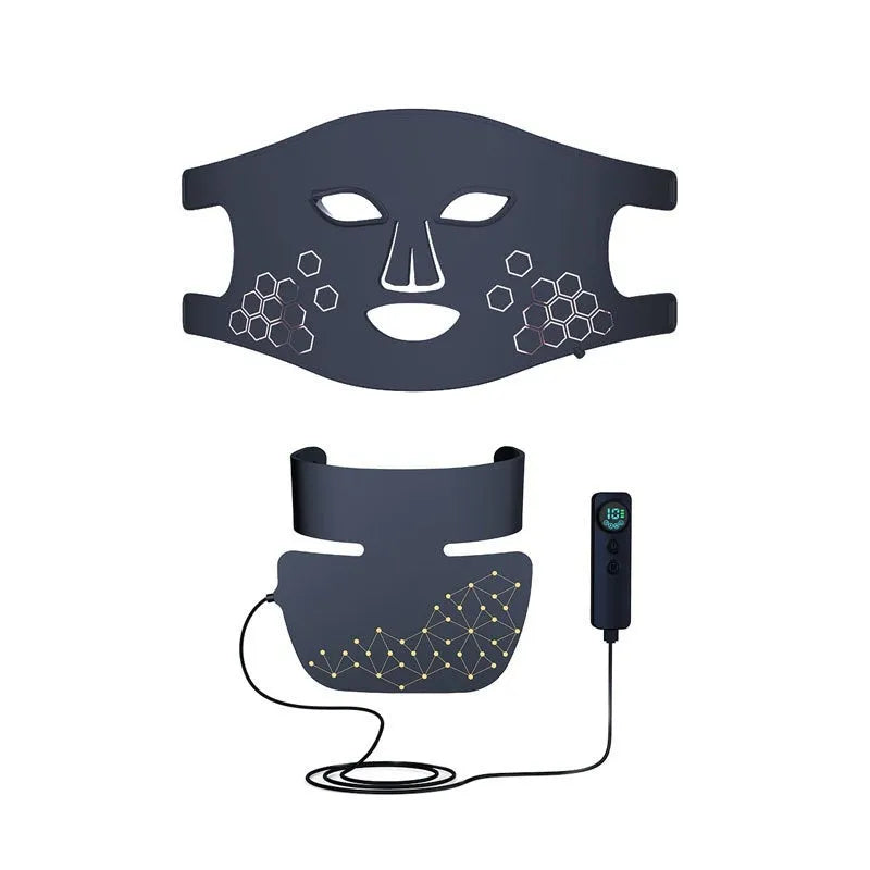 Black LED photon therapy mask with neck extension for facial skincare treatment