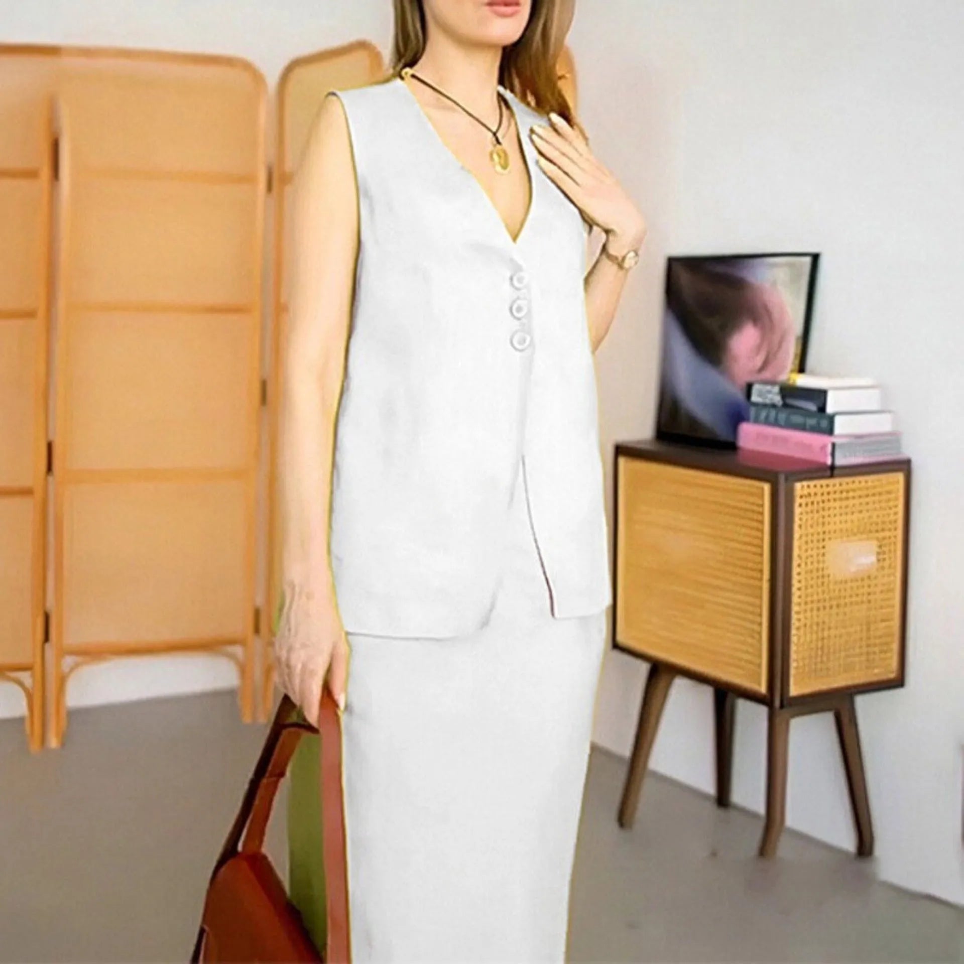 Women's blue loose vest and long skirt two-piece sleeveless suit set on a hanger