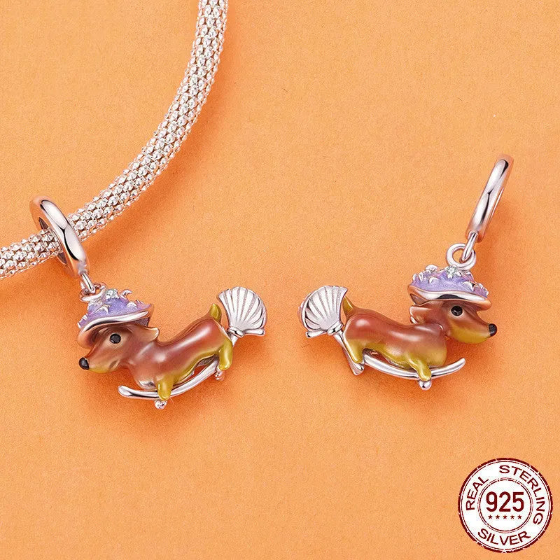 925 sterling silver Halloween magic sausage dog pendant part with pumpkin skull design, 2.4 cm height
