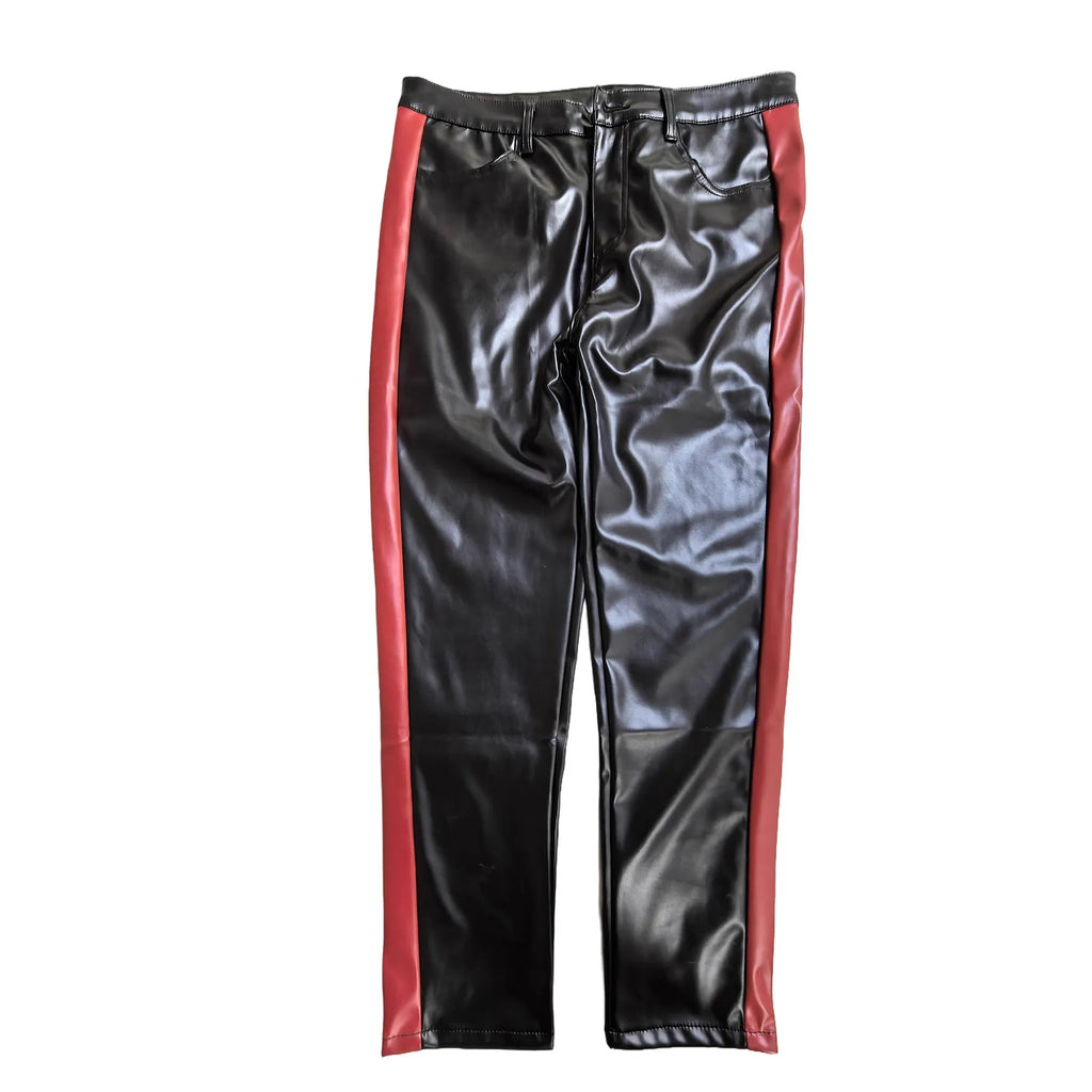 Black cropped PU leather skinny trousers for women with button fly, mid waist, dance and nightclub wear